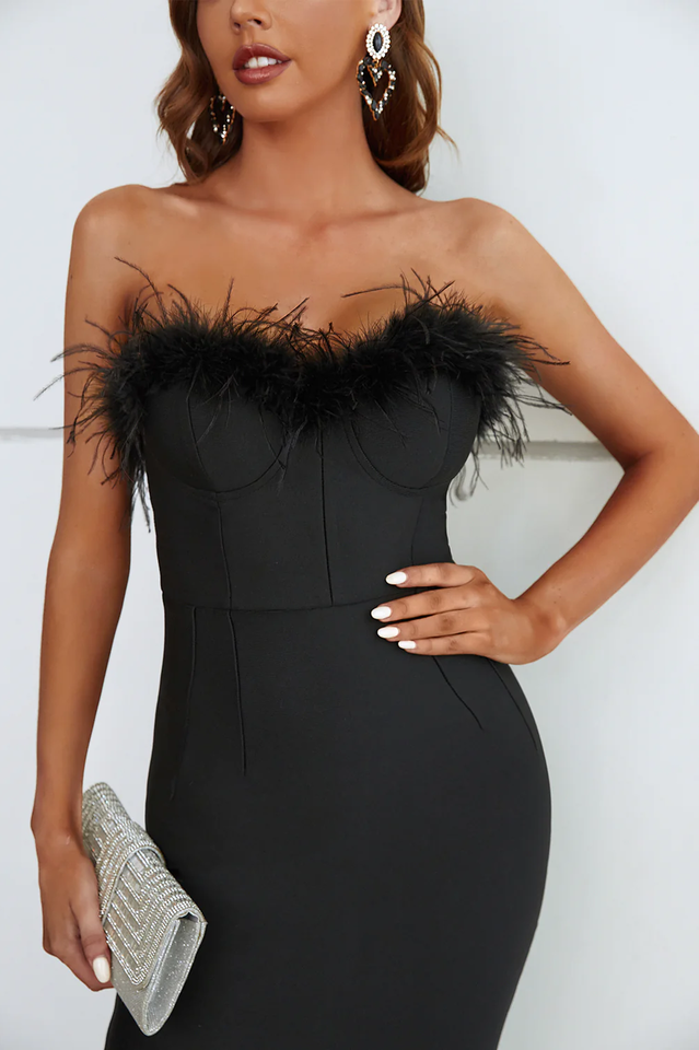 Sachi Strapless Feather Midi Evening Dress
