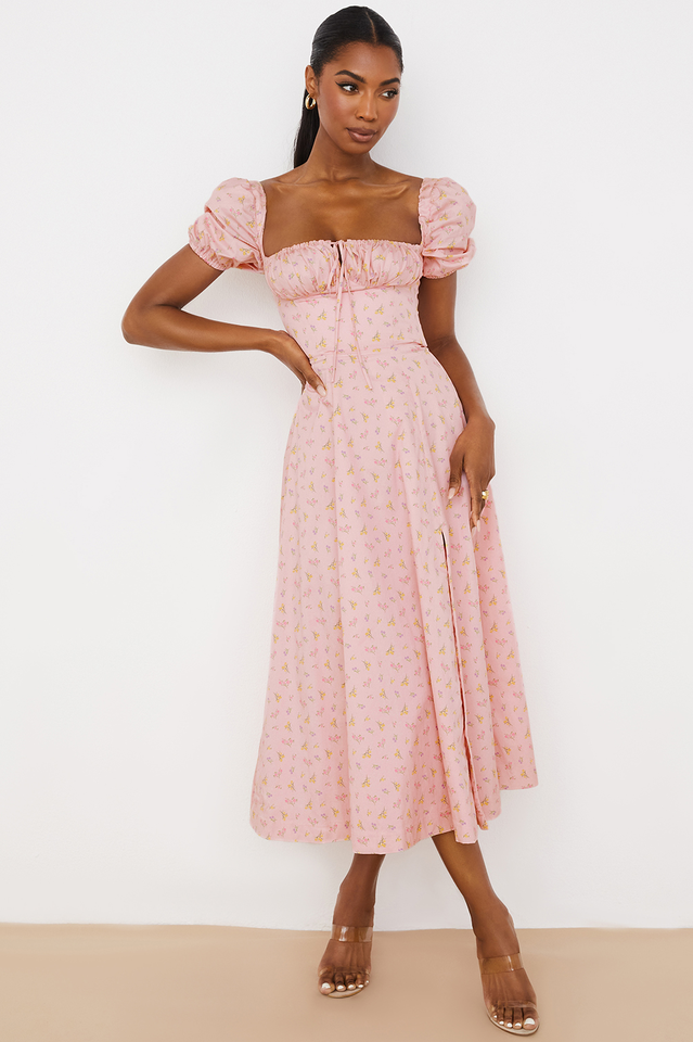 Pink Printed Puff Sleeve Midi Dress