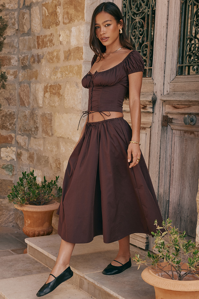 Kitty Rich Brown Gathered Top + Skirt Set
