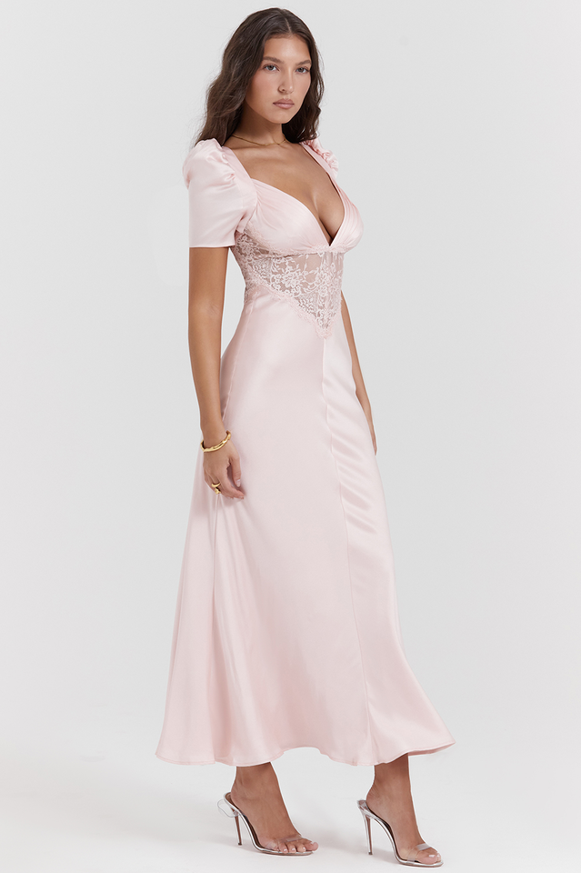 Rafaela Soft Peach Silk & Lace Dress