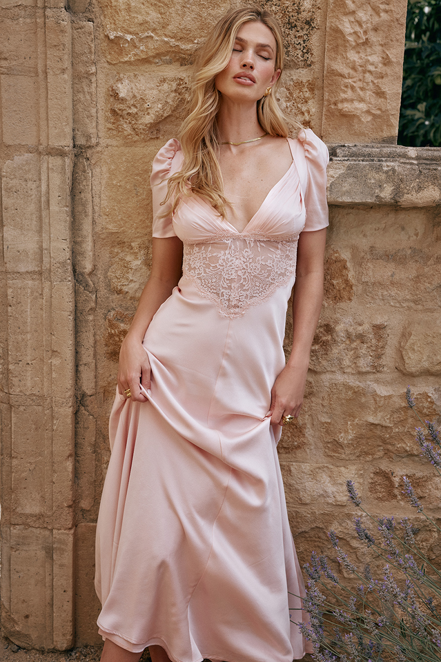 Rafaela Soft Peach Silk & Lace Dress