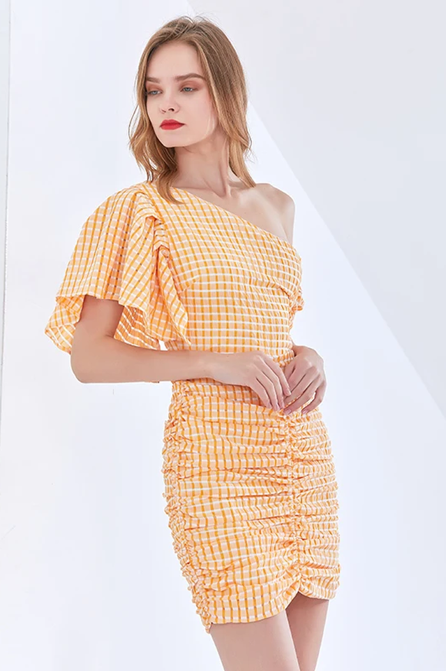 One Shoulder Asymmetric Check Dress