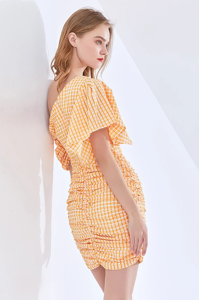 One Shoulder Asymmetric Check Dress