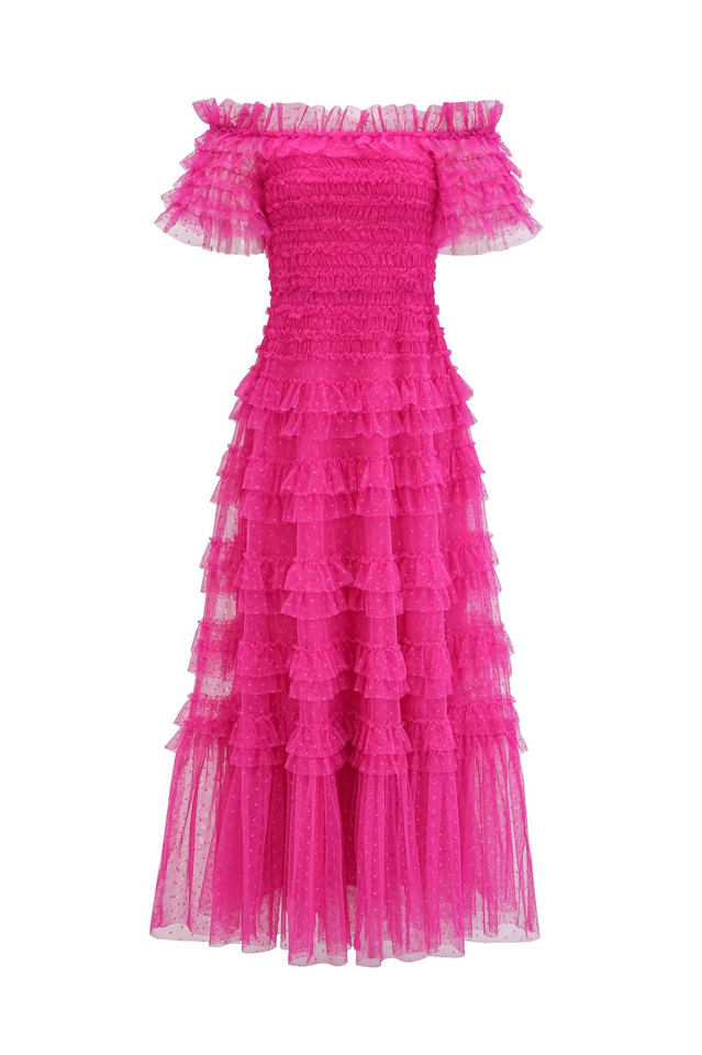 Off Shoulder Dotted Tulle Maxi Dress