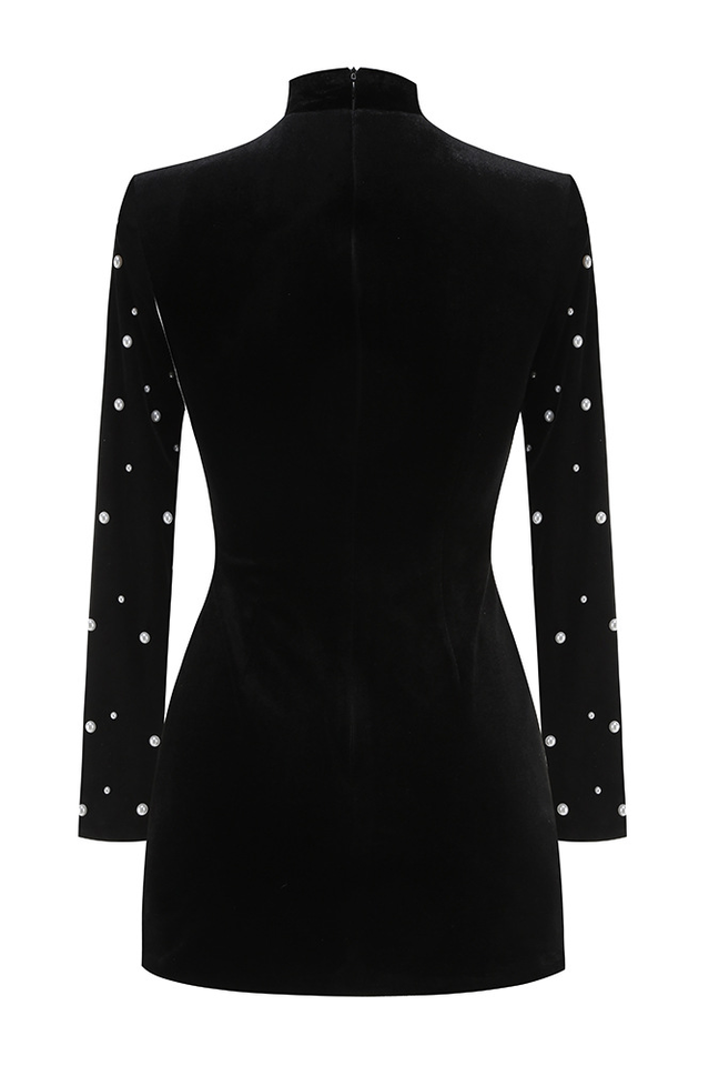 Elegant Long Sleeved Beaded Mini Dress