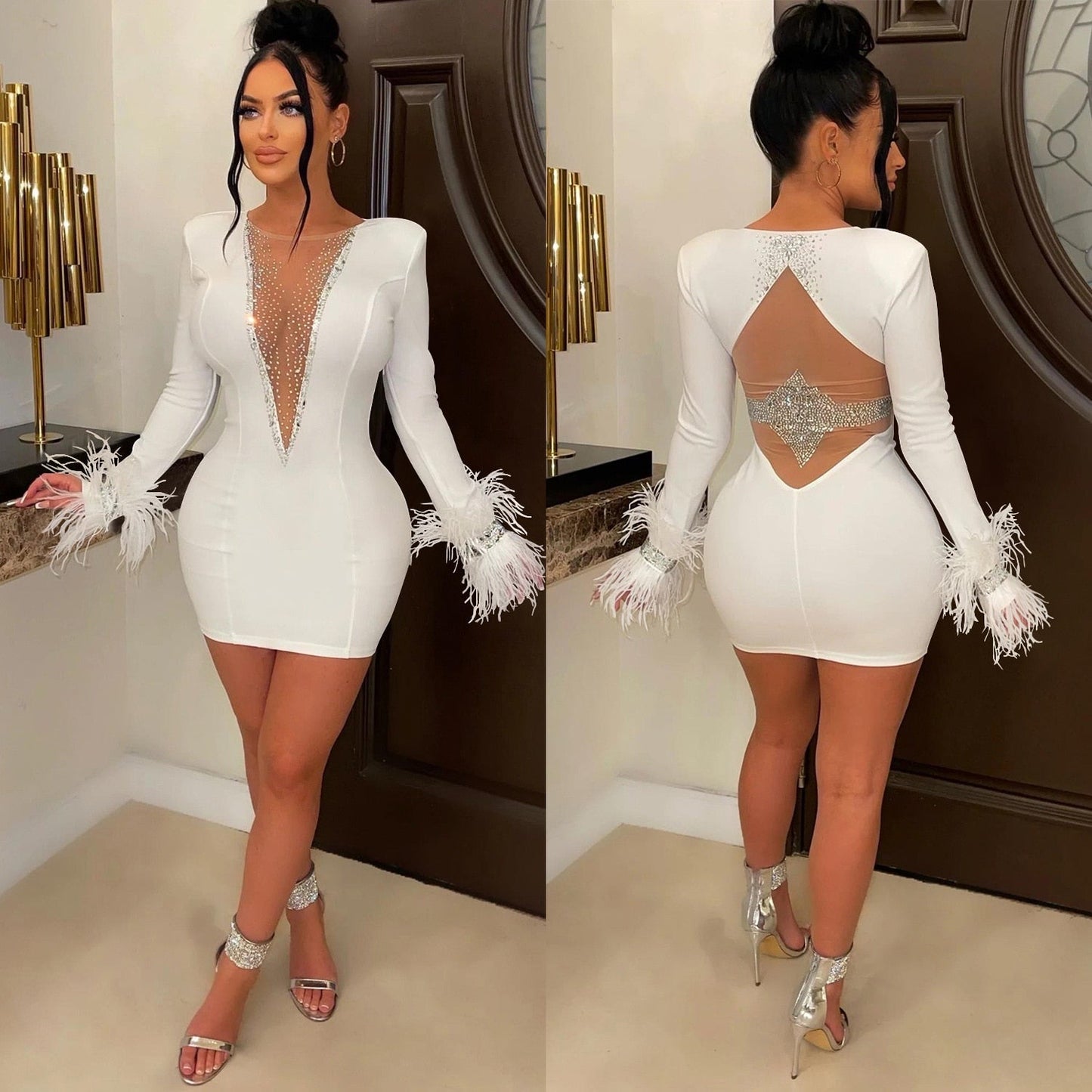 Feathers Sheer Mesh Diamond Streetwear Party Night Slim Fitness Dress