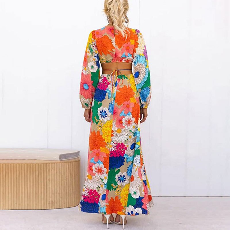 Vestidos Ladies Elegant Flower Print Sexy Slim Hollowed Out Bareback Maxi Dress