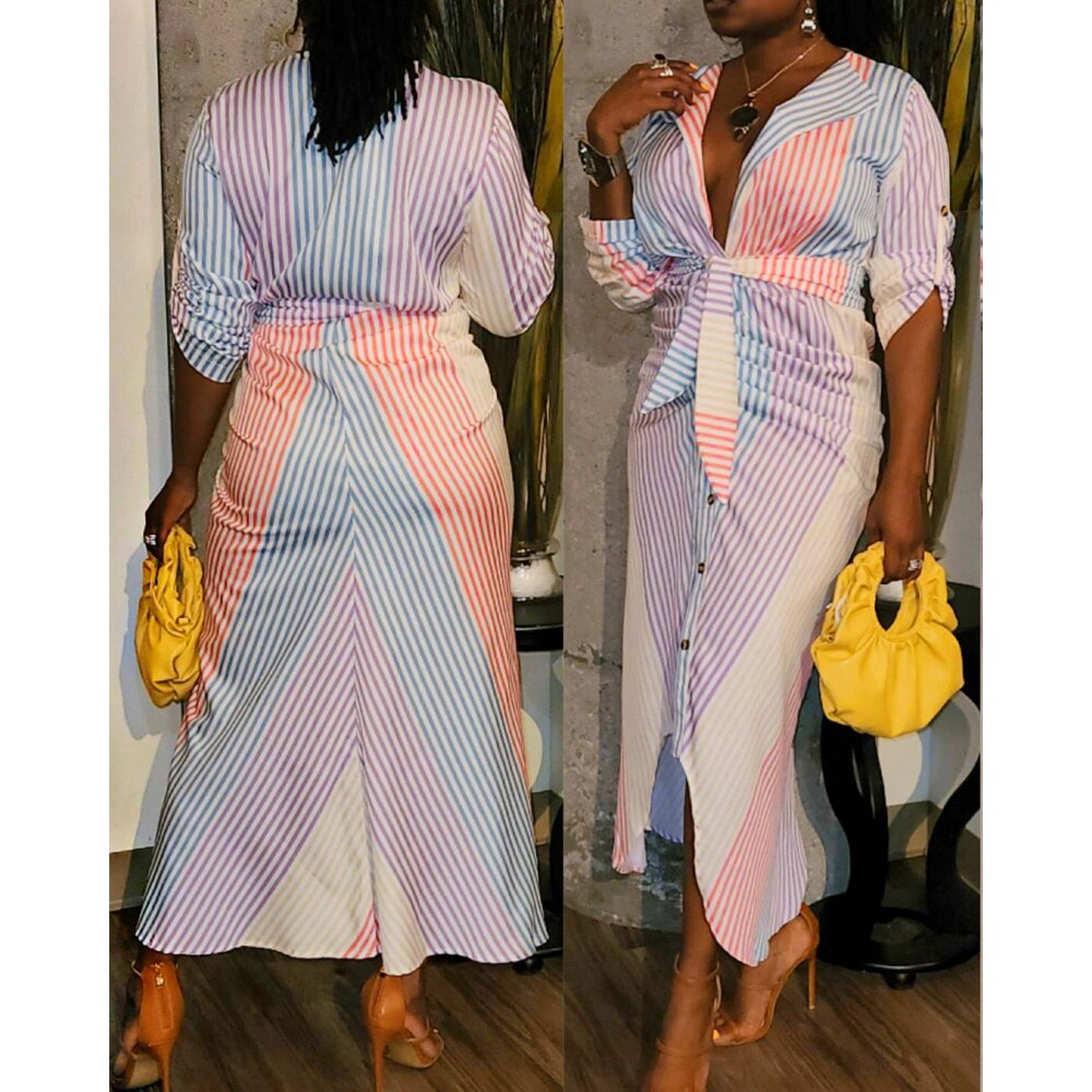 Striped Print Roll Up Sleeve Ruched Shirt Dress
