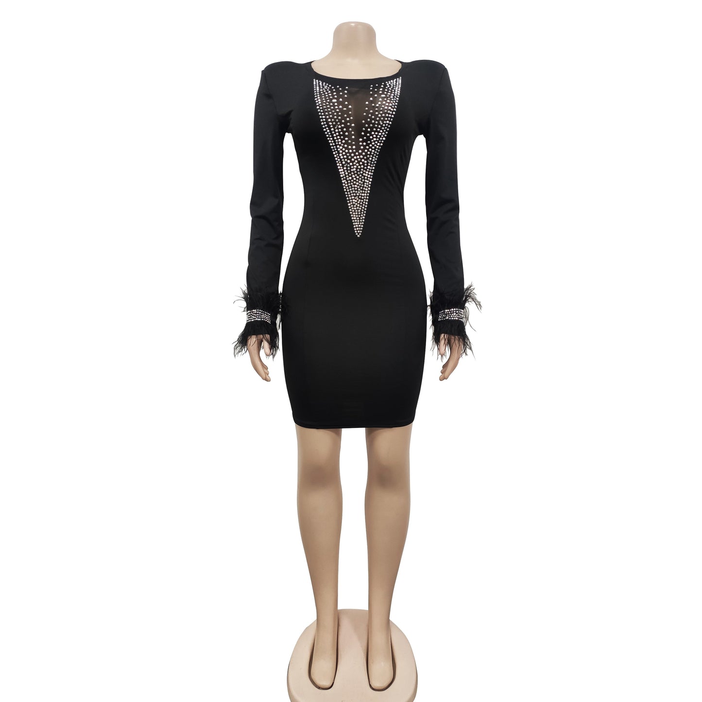 Feathers Sheer Mesh Diamond Streetwear Party Night Slim Fitness Dress