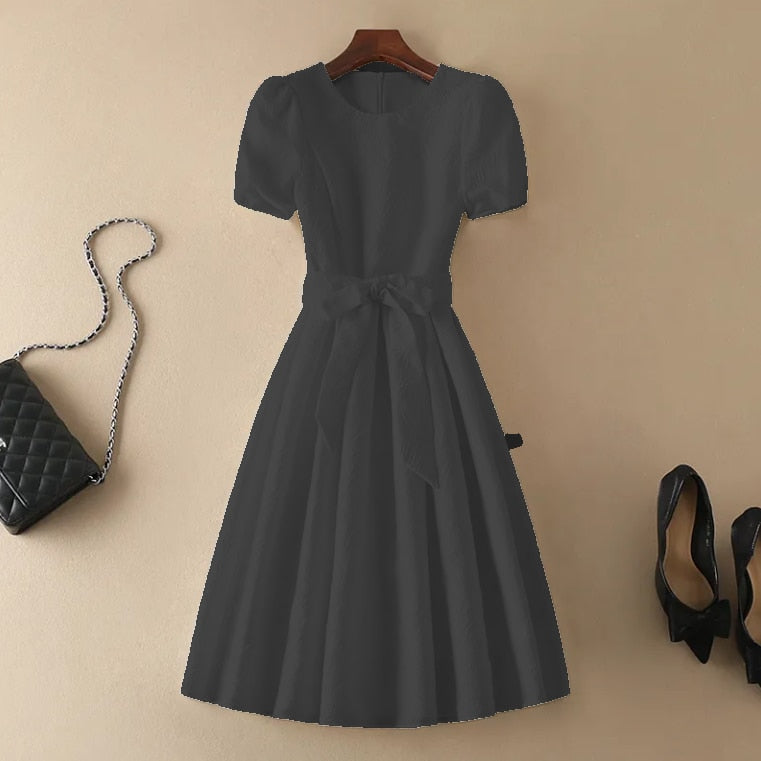 Fashion Design Chic Sweet Short Puff Sleeve Slim Waist White Black Temperament One Piece Dress