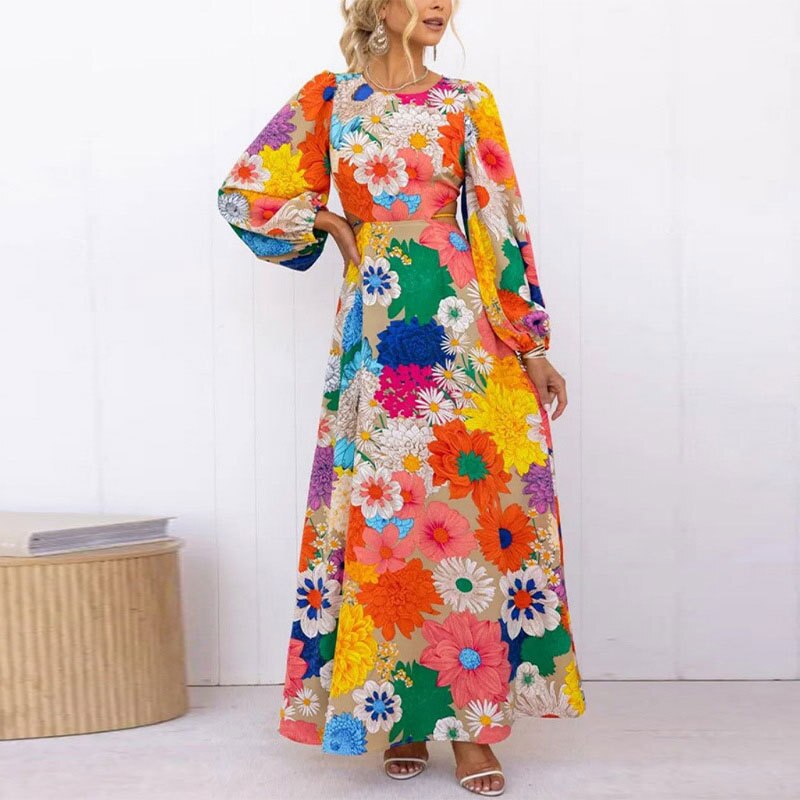Vestidos Ladies Elegant Flower Print Sexy Slim Hollowed Out Bareback Maxi Dress