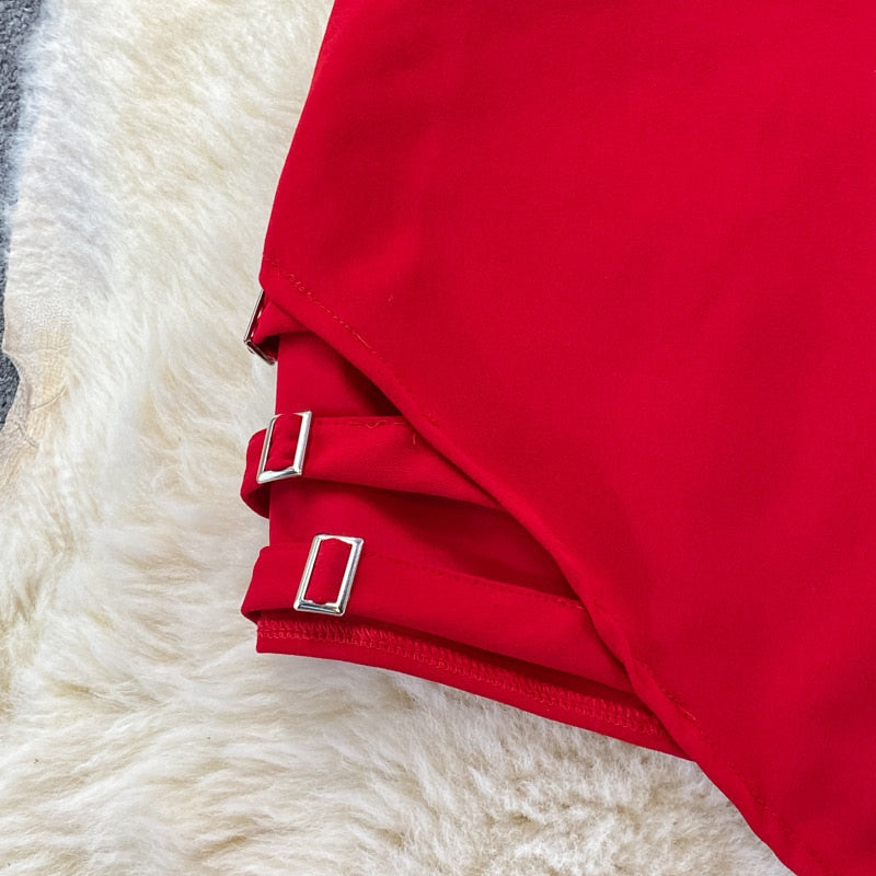 Solid Irregular Hip Wrap Red Dress