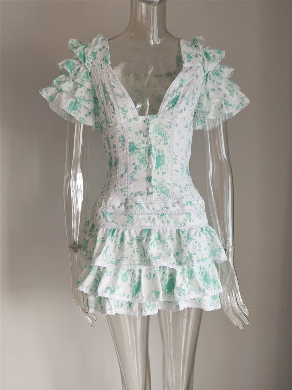 Summer and Autumn Short Sleeve Ruffle Pink V-neck Sexy Mini Dress