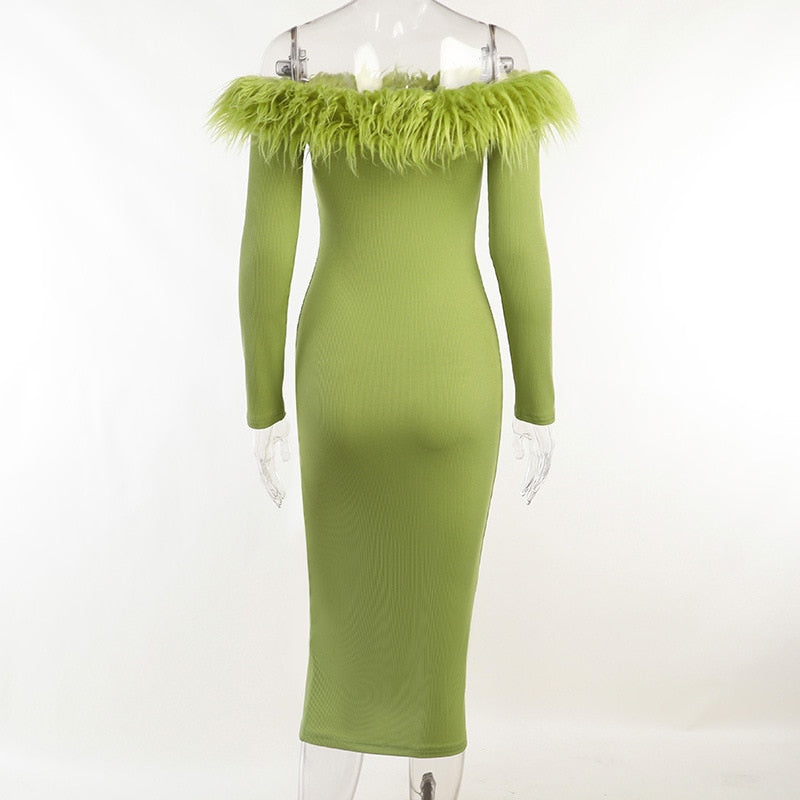 Slash Neck Off Shoulder Feather Long Sleeve Bodycon Autumn Dress