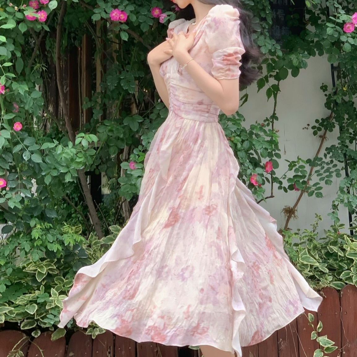 Summer French Style Women Elegent Party Midi Print Dress