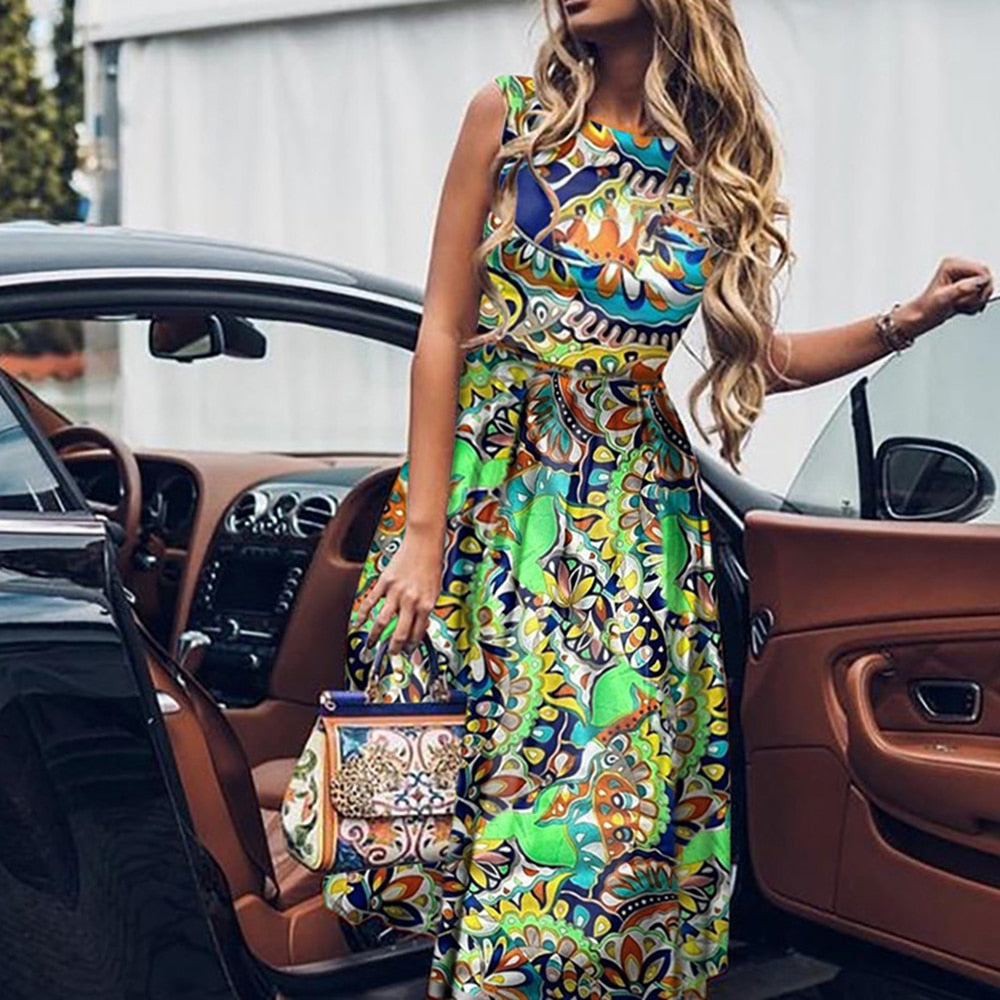 Summer Women Sundress Bohemian Floral Print Mixi Dress