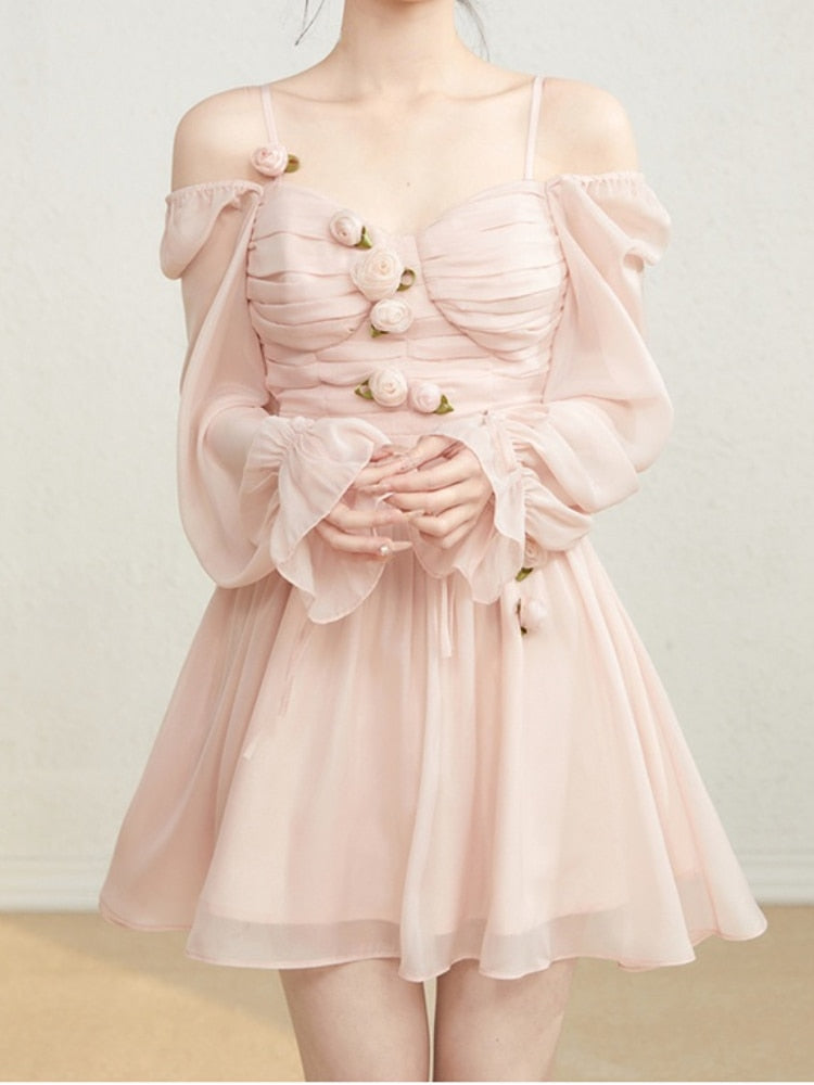 Sweet Sexy Chiffon Strap Dress Women Slim Y2k Party Mini Dress