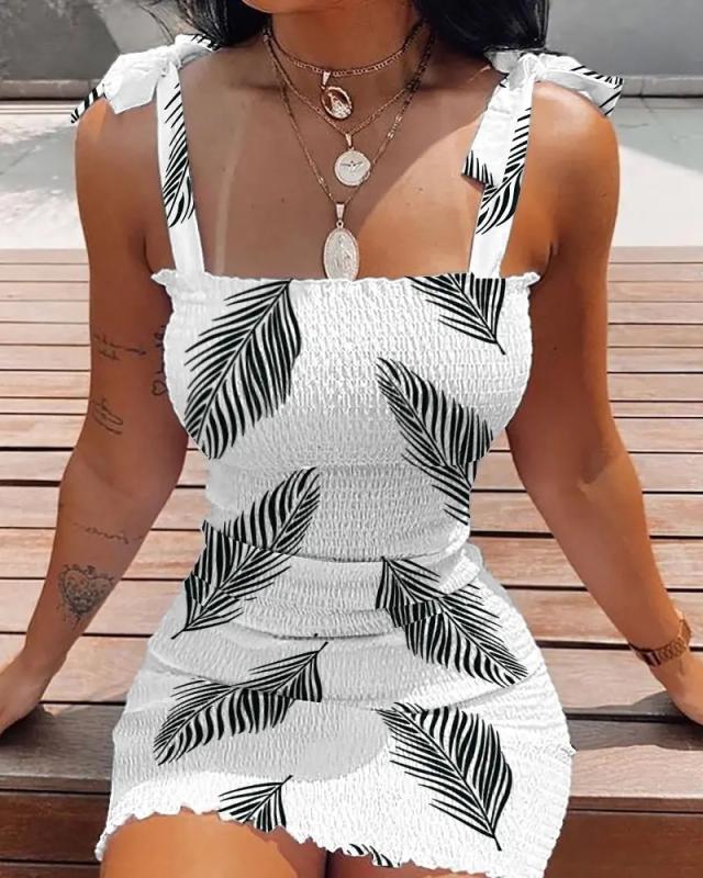 Summer Fashion White Sling Strapless Folds Mini Slim Pencil Print Tank Dress
