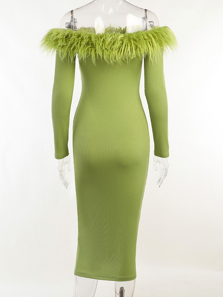 Slash Neck Off Shoulder Feather Long Sleeve Bodycon Autumn Dress