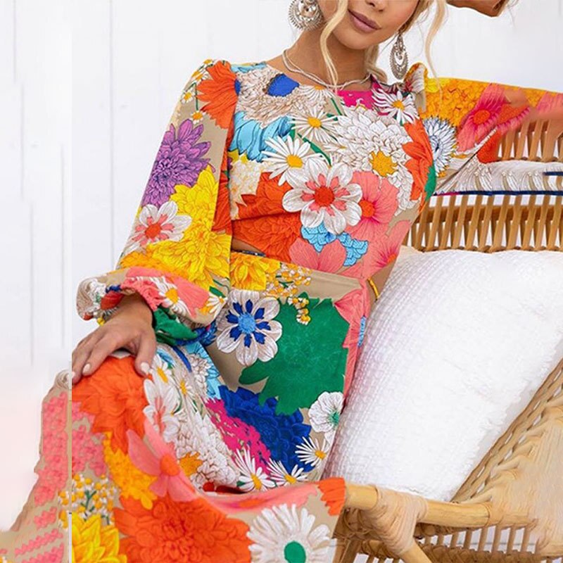 Vestidos Ladies Elegant Flower Print Sexy Slim Hollowed Out Bareback Maxi Dress