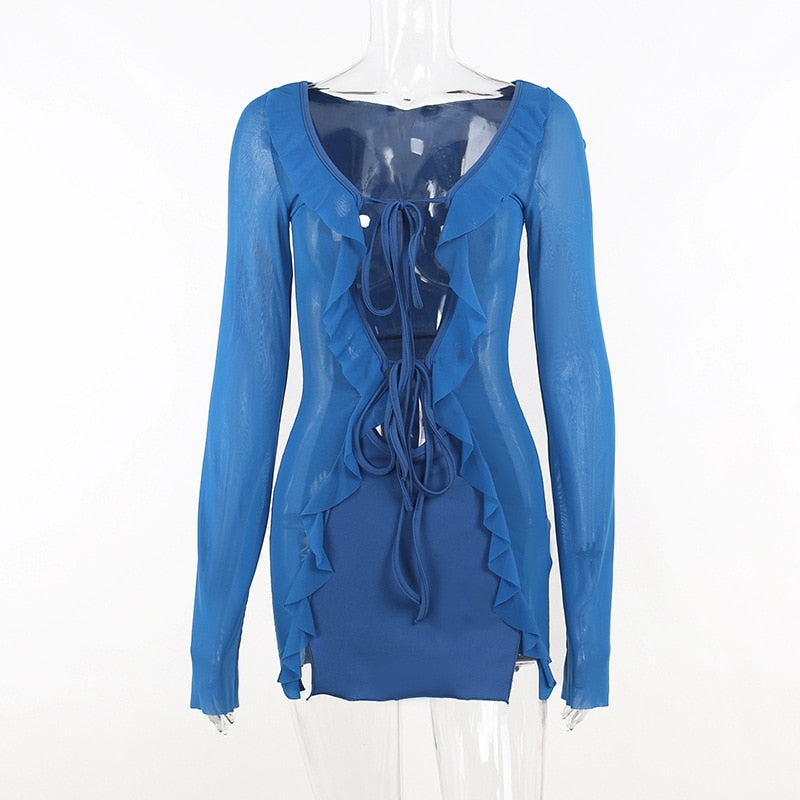 Summer Tight Mesh See Though Print Mini Dress