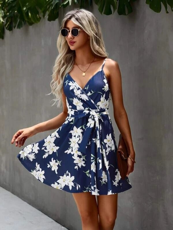 Floral Print Surplice Front Belted Cami Dress