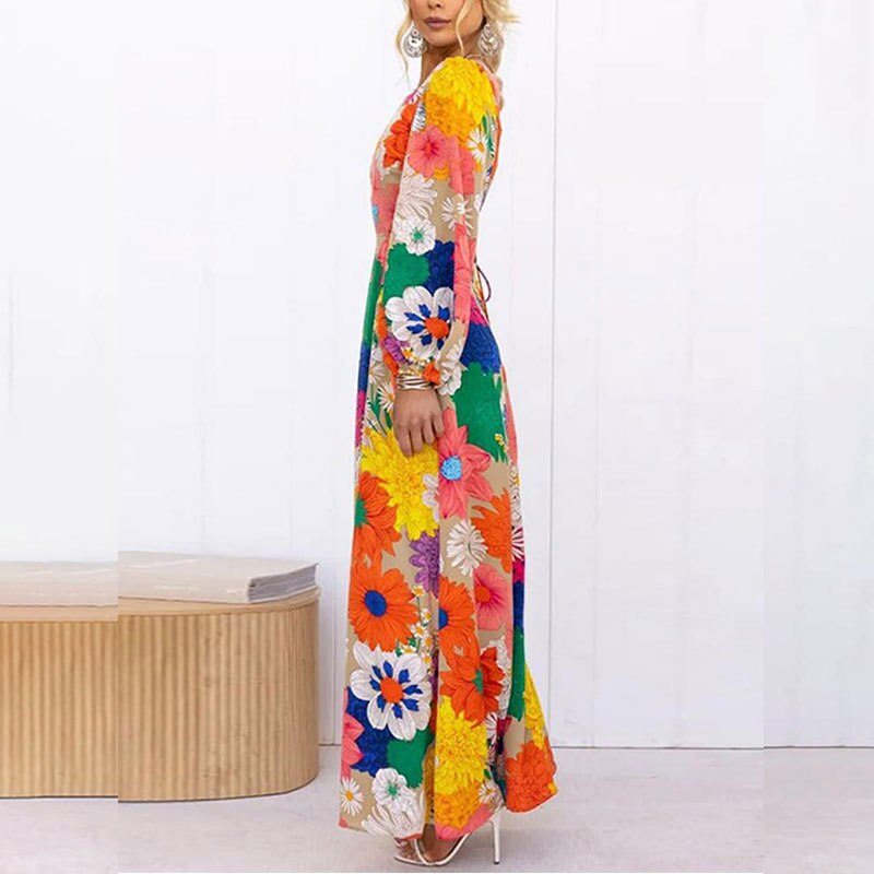 Vestidos Ladies Elegant Flower Print Sexy Slim Hollowed Out Bareback Maxi Dress