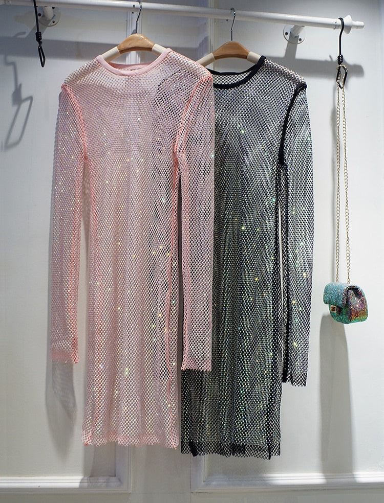 Female See Through Rhinestone Party Dress