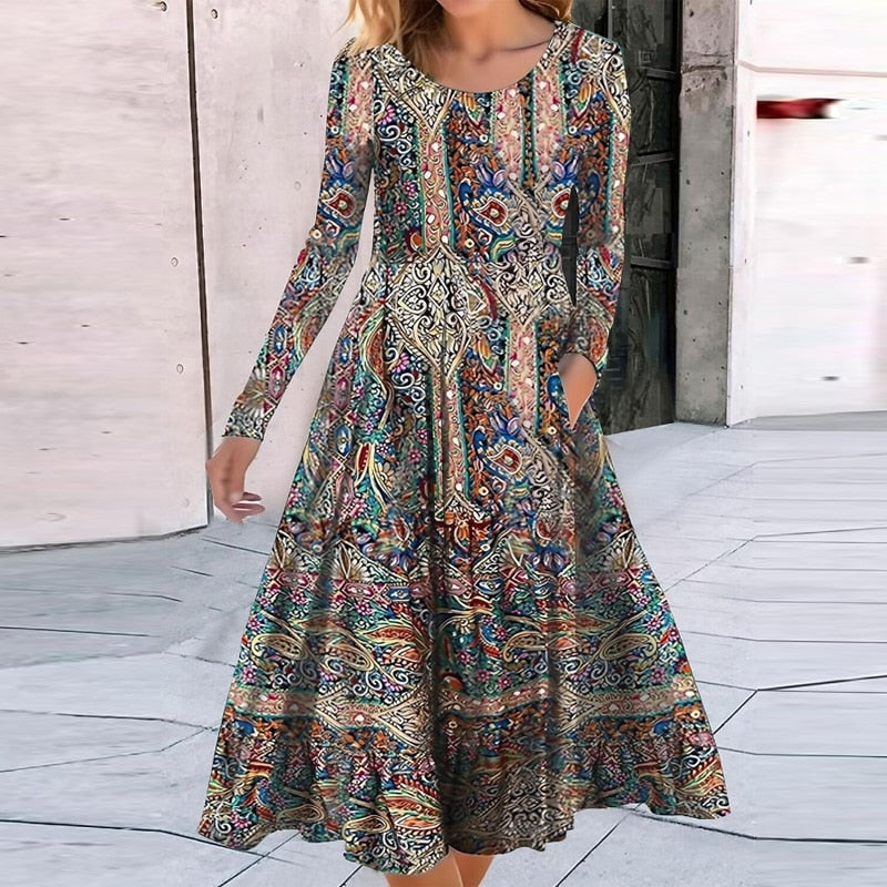 Vintage Fashion Pattern Print Boho Long Dress
