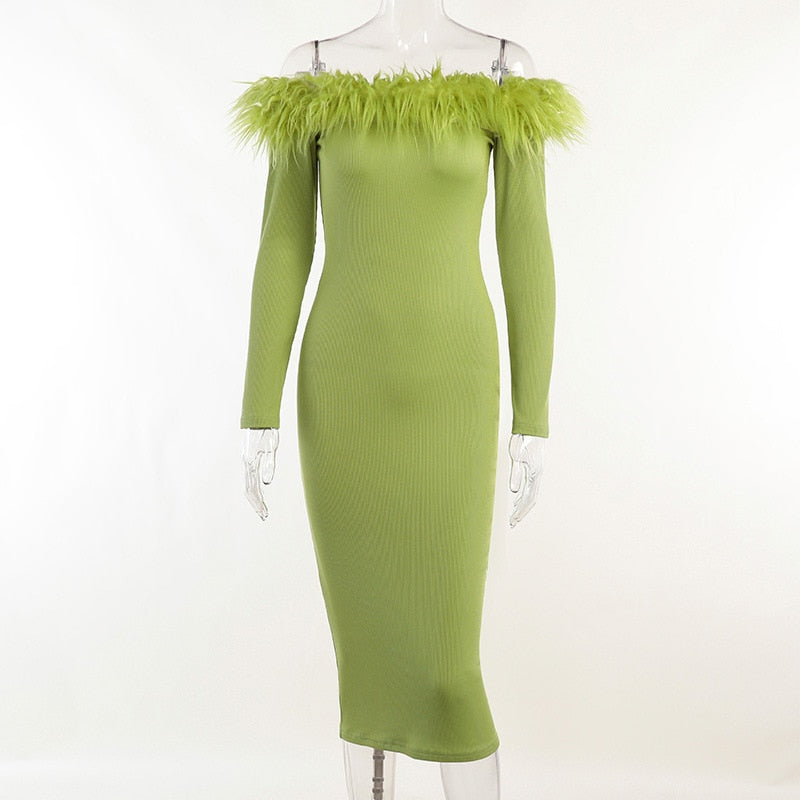 Slash Neck Off Shoulder Feather Long Sleeve Bodycon Autumn Dress