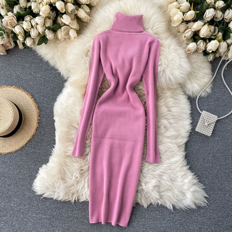 Korean Fashion Casual Solid Women Midi Bodycon Dress