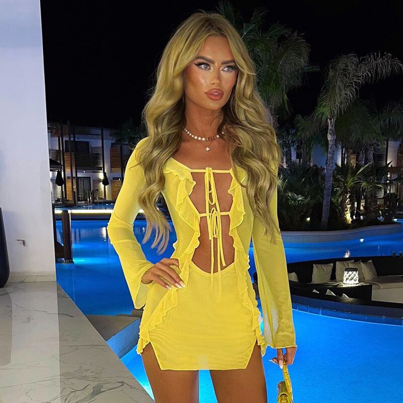 Summer Tight Mesh See Though Print Mini Dress