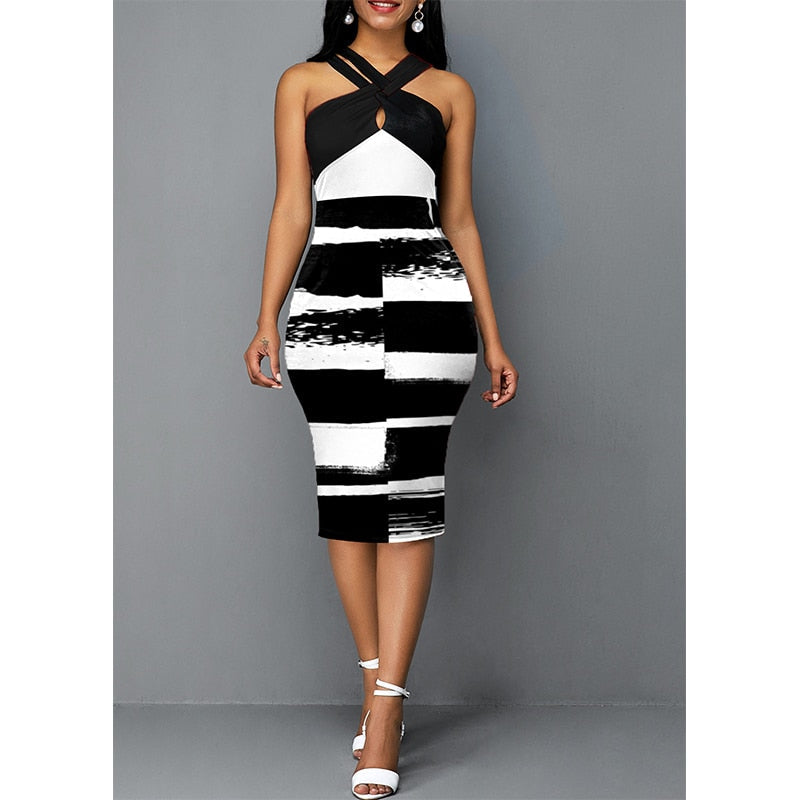Summer Commute Black White Patchwork Bodycon Dress