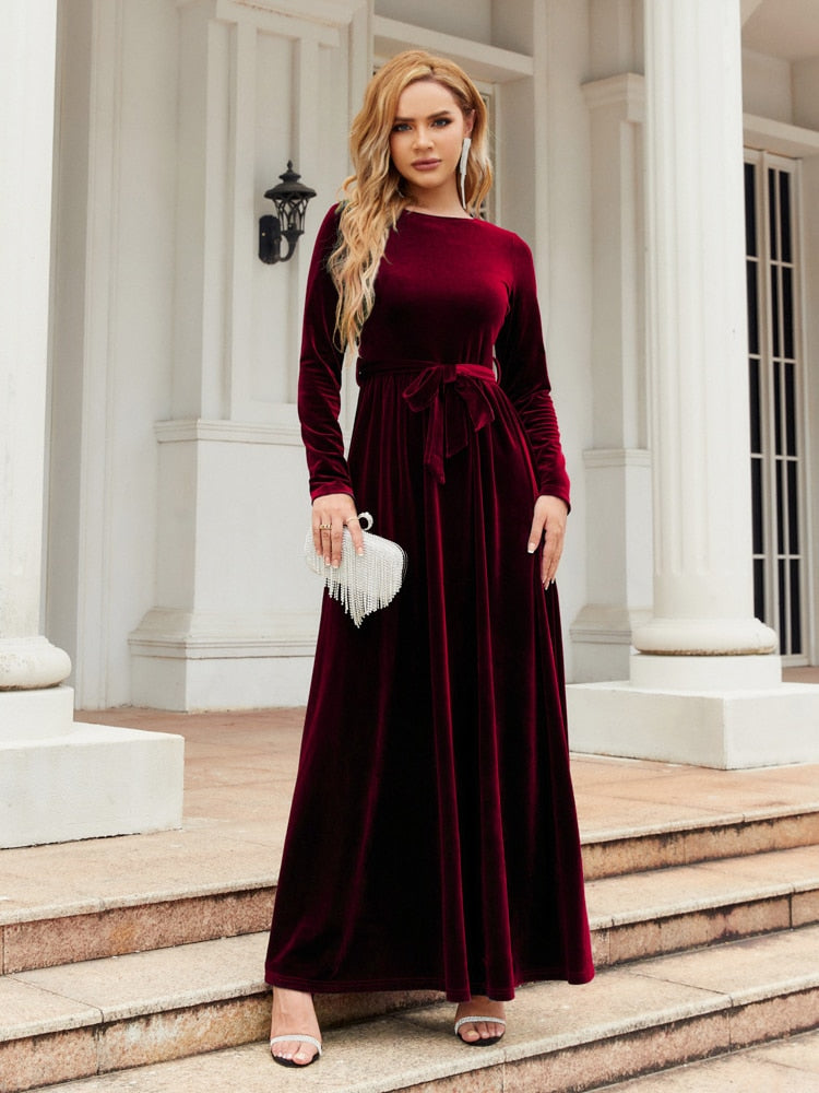 Velvet Solid Color Premium Formal Evening Vestidos Festa Luxo Rojo Maxi Dress
