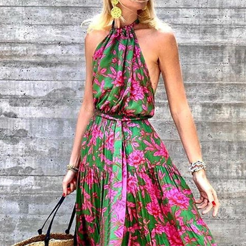 Summer Halter Sleeveless Floral Print Boho Dress