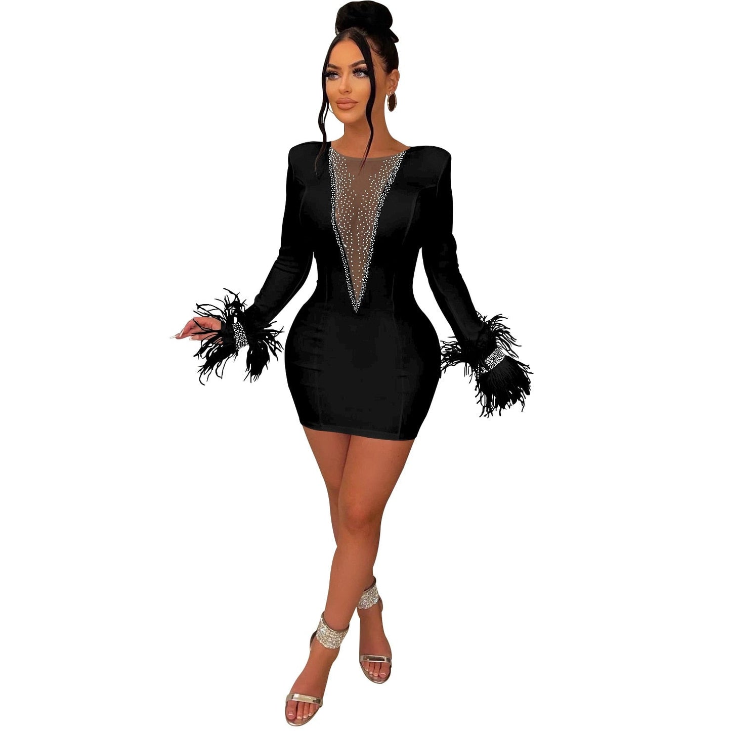 Feathers Sheer Mesh Diamond Streetwear Party Night Slim Fitness Dress
