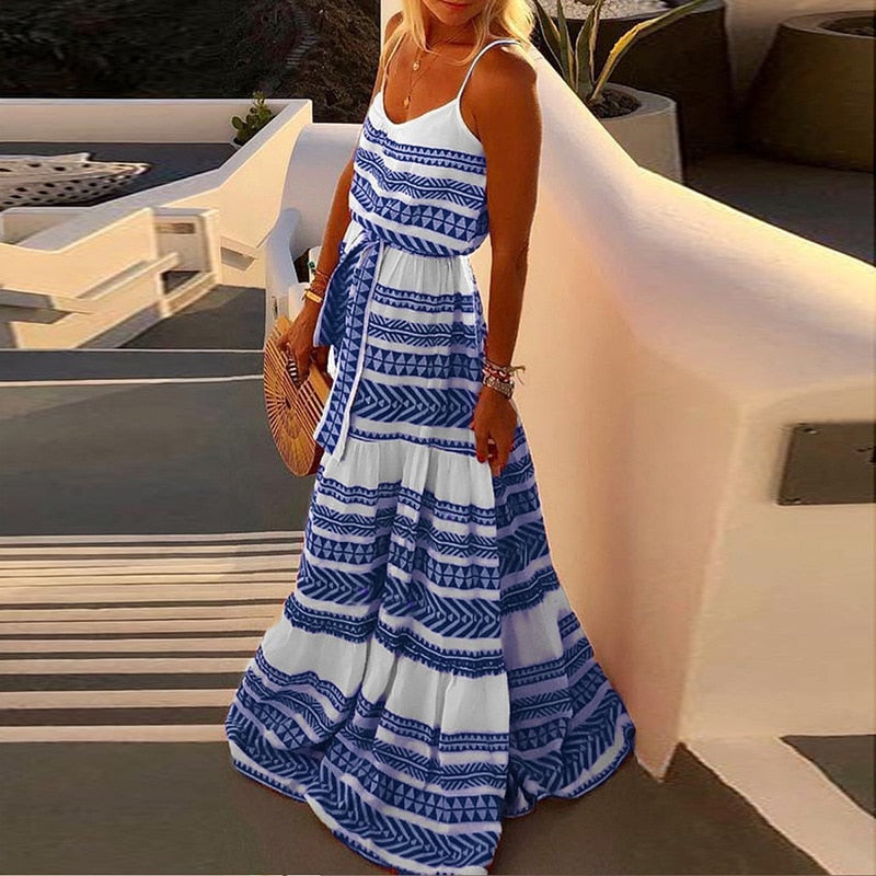 Vestido Boho Women Sexy Deep V Neck Strap Beach Dress