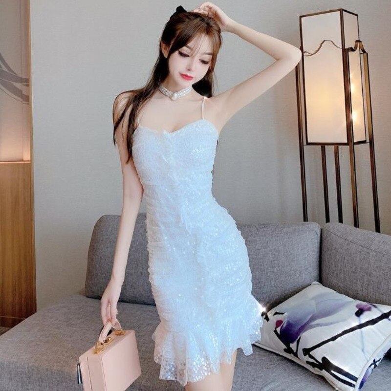 White Sequin Strapless Spaghetti Strap Dress