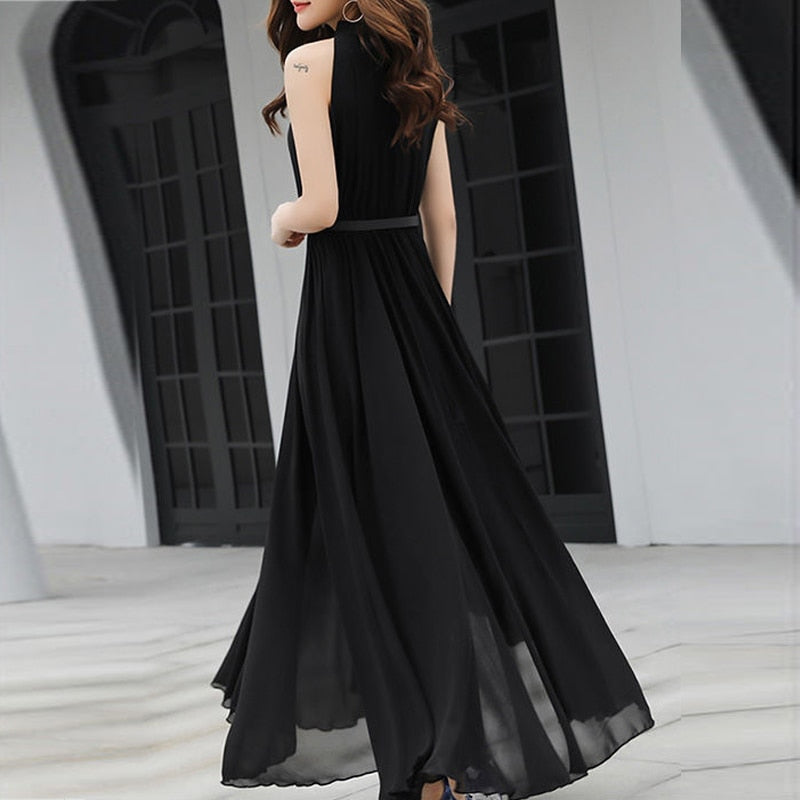 Simple Elegant Ladies Sleeveless Black Red Chiffon Long Dresses