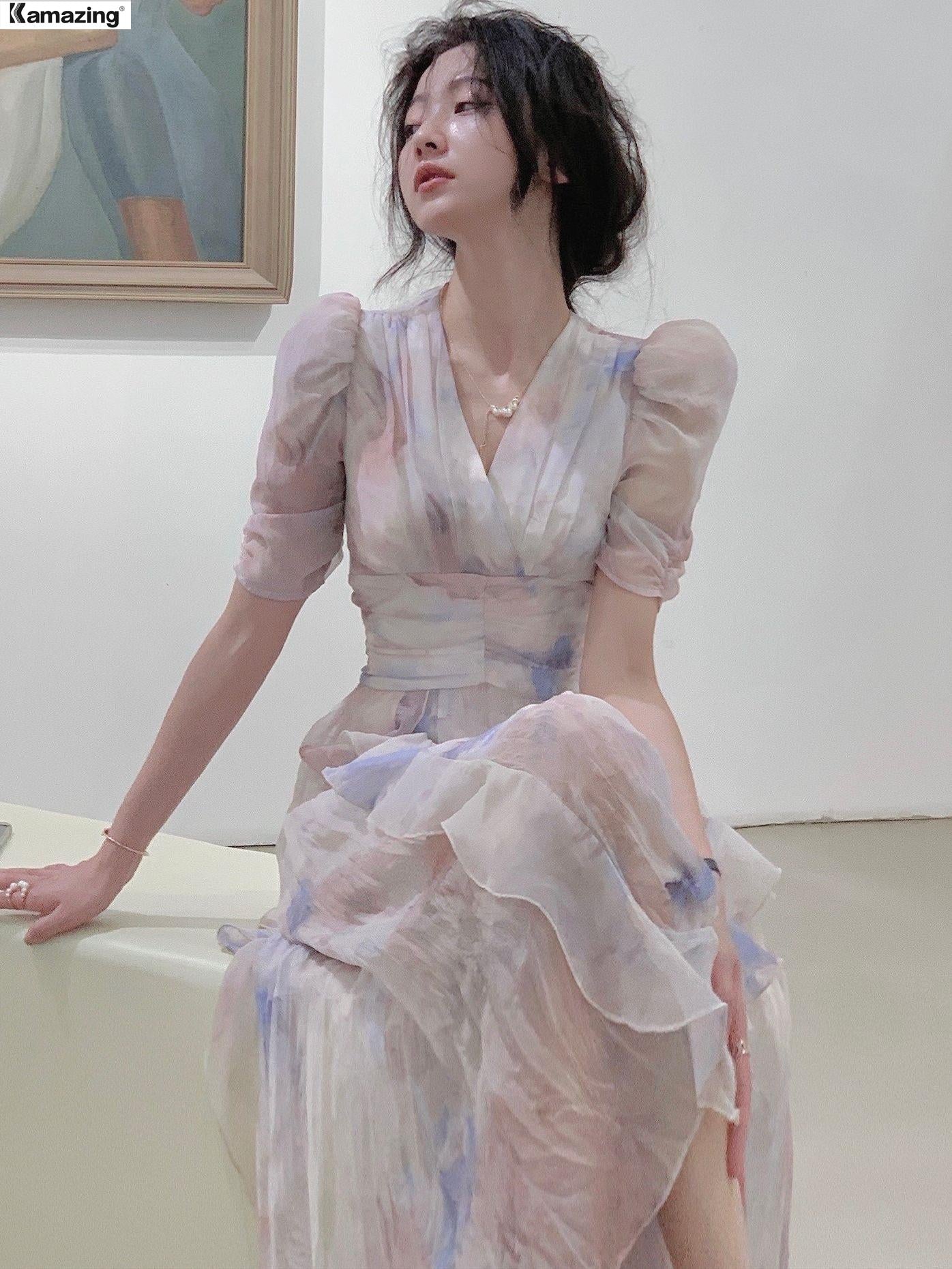 Summer French Style Women Elegent Party Midi Print Dress