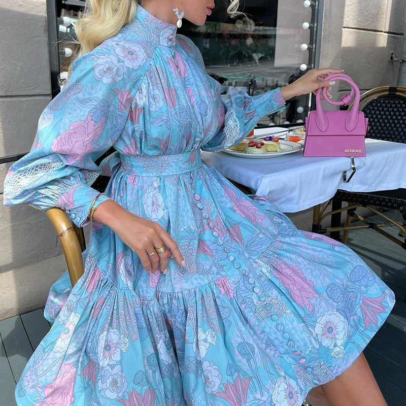Spring Autumn Woman Printed Long Sleeve Boho Midi Dress