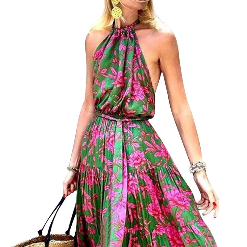Summer Halter Sleeveless Floral Print Boho Dress
