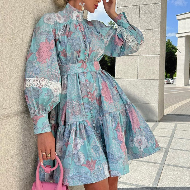 Spring Autumn Woman Printed Long Sleeve Boho Midi Dress