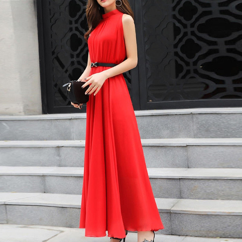Simple Elegant Ladies Sleeveless Black Red Chiffon Long Dresses