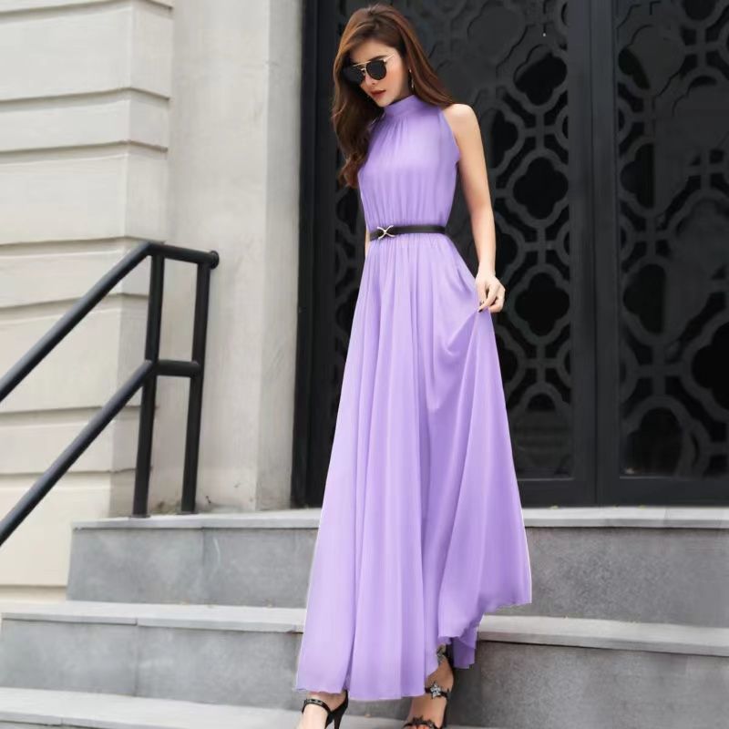 Simple Elegant Ladies Sleeveless Black Red Chiffon Long Dresses