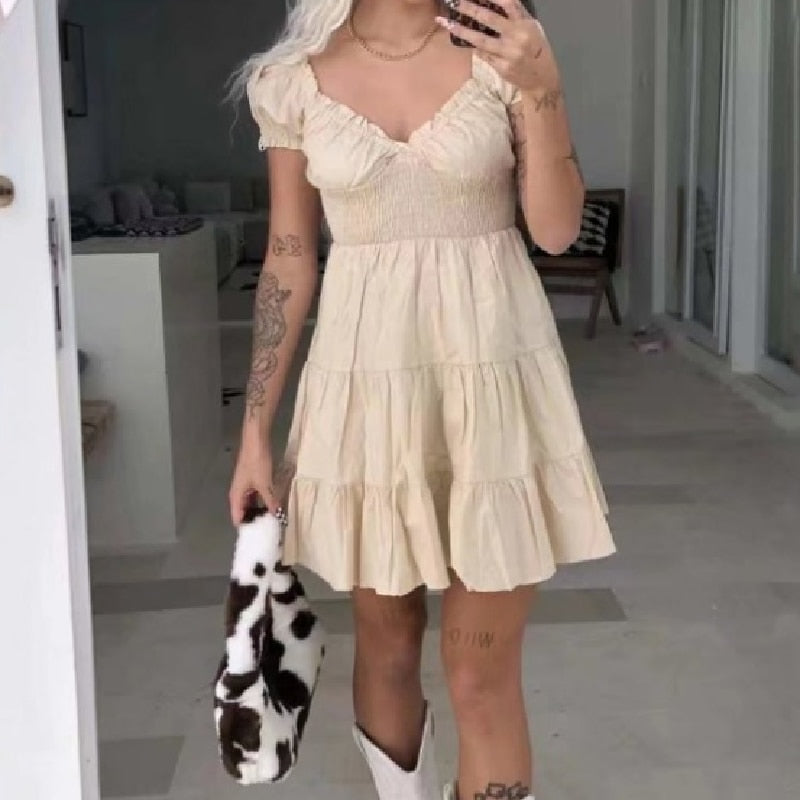 V Neck Elastic Beige Cotton Summer Dress
