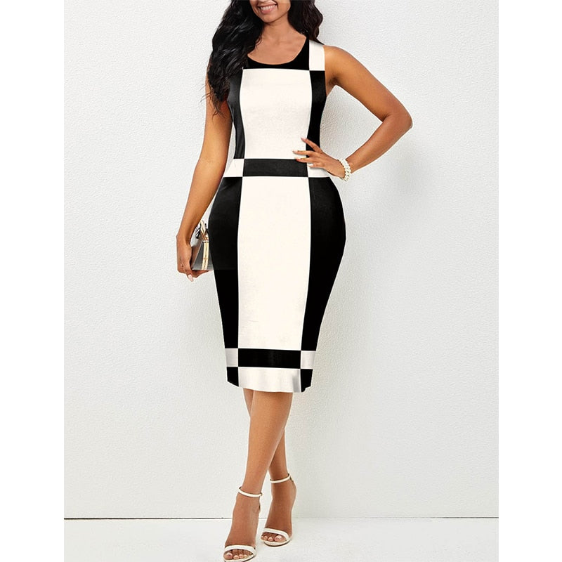 Summer Commute Black White Patchwork Bodycon Dress