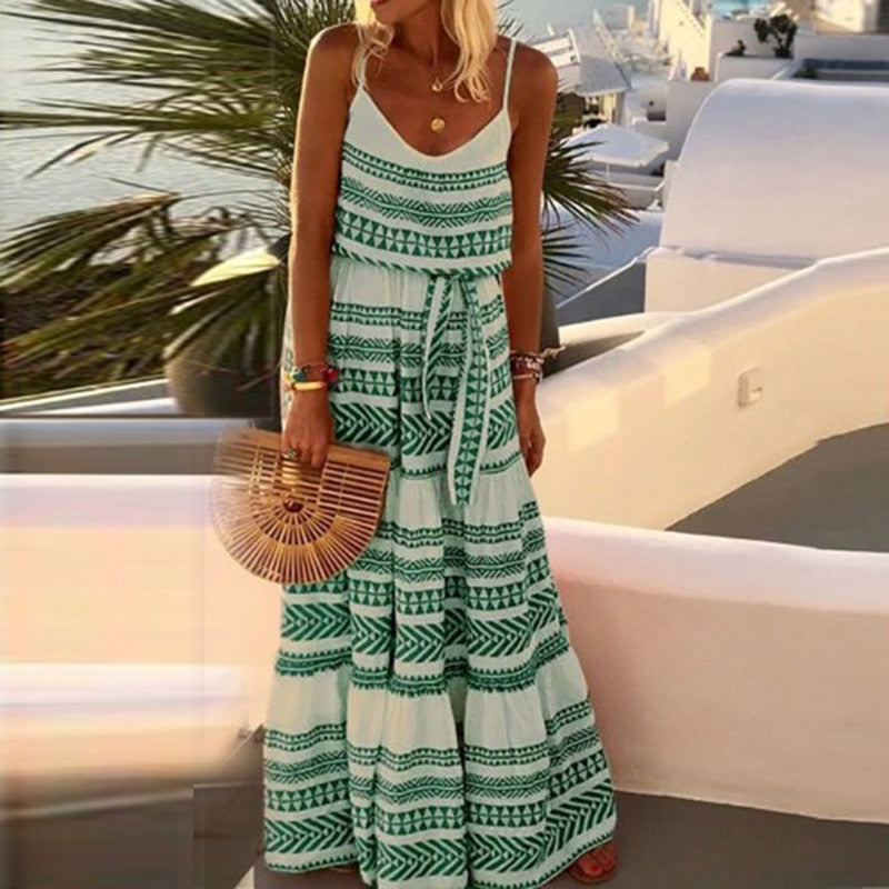 Vestido Boho Women Sexy Deep V Neck Strap Beach Dress