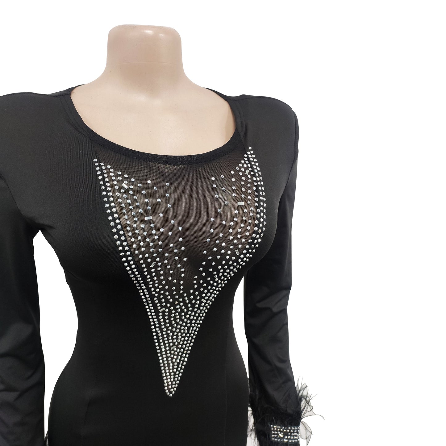 Feathers Sheer Mesh Diamond Streetwear Party Night Slim Fitness Dress