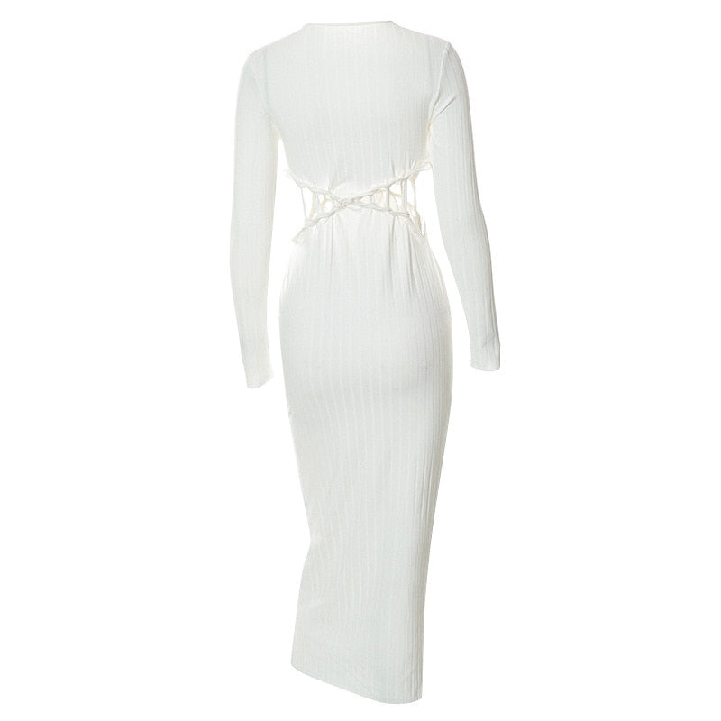 Solid Sexy Hollow Out Long Sleeve Maxi Dress
